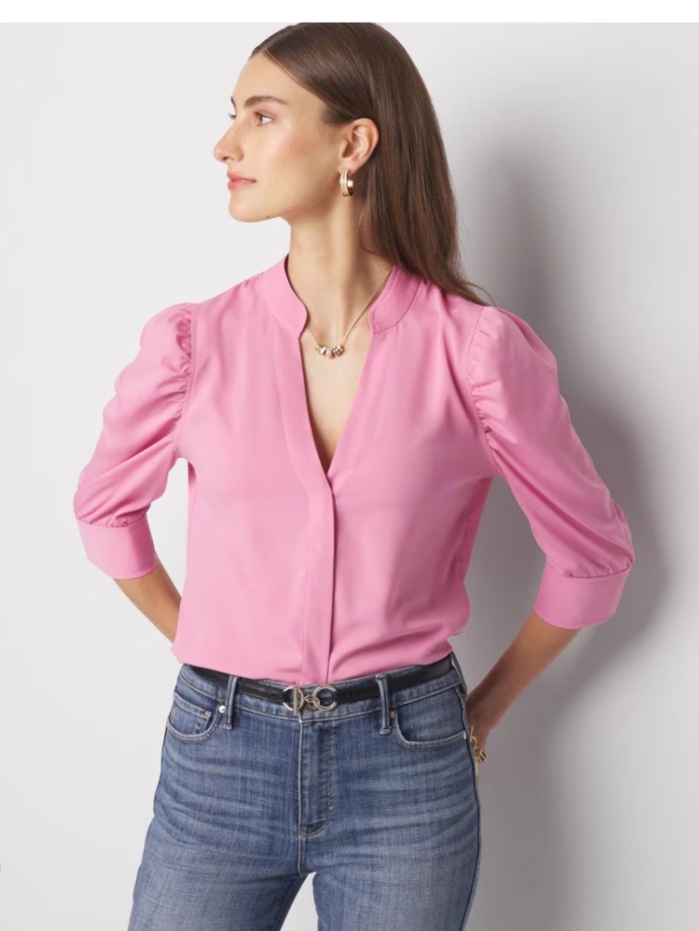 White House Black Market Pink Peony Ruched Sleeve Blouse